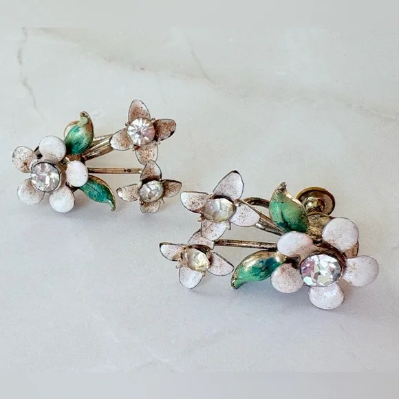 Vintage Flower Rhinestone Pink Flower Screwback Pierceless Statement Earrings - Picture 3 of 6